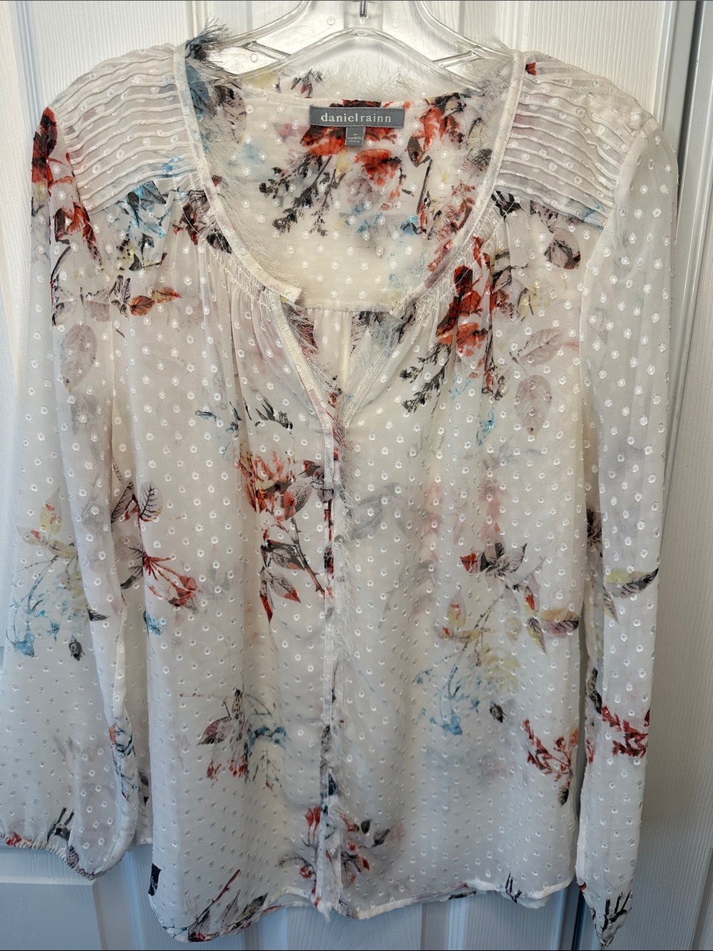 Daniel Rainn Ivory Sheer Swiss Dot Blouse with Multicolor Floral Print - Picture 2 of 9